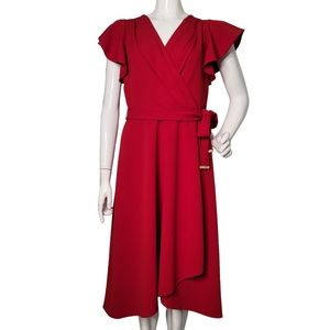 DKNY red v neck ruffle faux wrap side tie midi dress